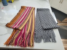 2 Cute Unique Long Scarves Pink Orange, Brown Stripes Gray w/ Black Polka Dots