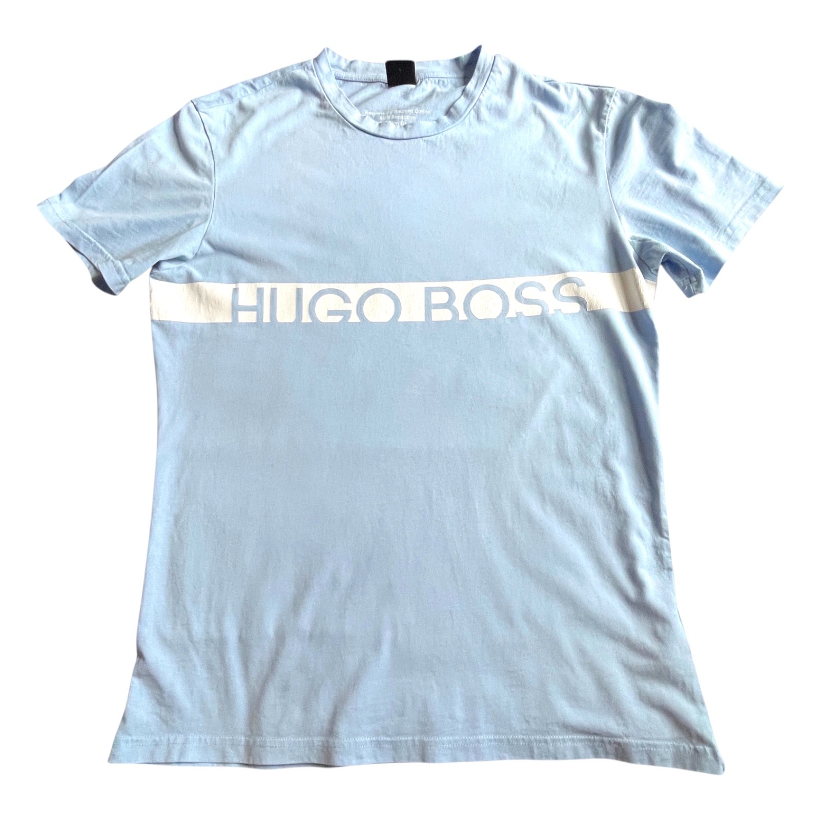 BOSS Hugo Boss Light Blue Logo Stripe Crew Neck T-Shirt Mens Medium Cotton CLEAN