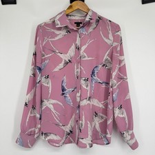 Ann Taylor Shirt Women M Silk Bird Print Pink Mauve Career Office Novelty Preppy