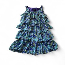 Vintage Tiered Ruffle Floral Dress Blue Green Purple Fairy Mini Size 14