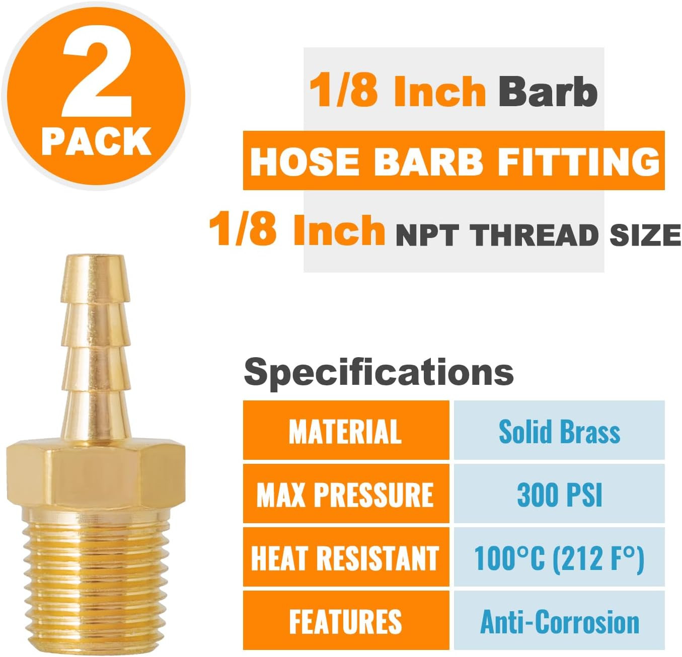 SUNGATOR 1/8'' NPT Brass Hose Barb Fittings, 1/8'' NPT Male Thread to 3/8'' Barb