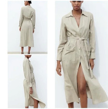 Zara S linen midi shirt dress tied earthy gold snap buttons tan trench safari