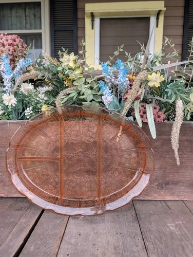 Vintage Jeannette Glass Pink Depression Glass Cherry Blossom Serving Tray