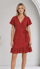 Womens Red Polka Dot Ruffle Wrap Dress Size Small Lightweight Summer Resort Chic