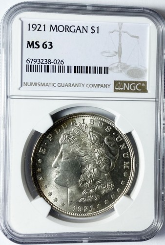 1921 $1 Morgan Silver Dollar MS63 NGC Philadelphia Orange Toned Edge & Reverse