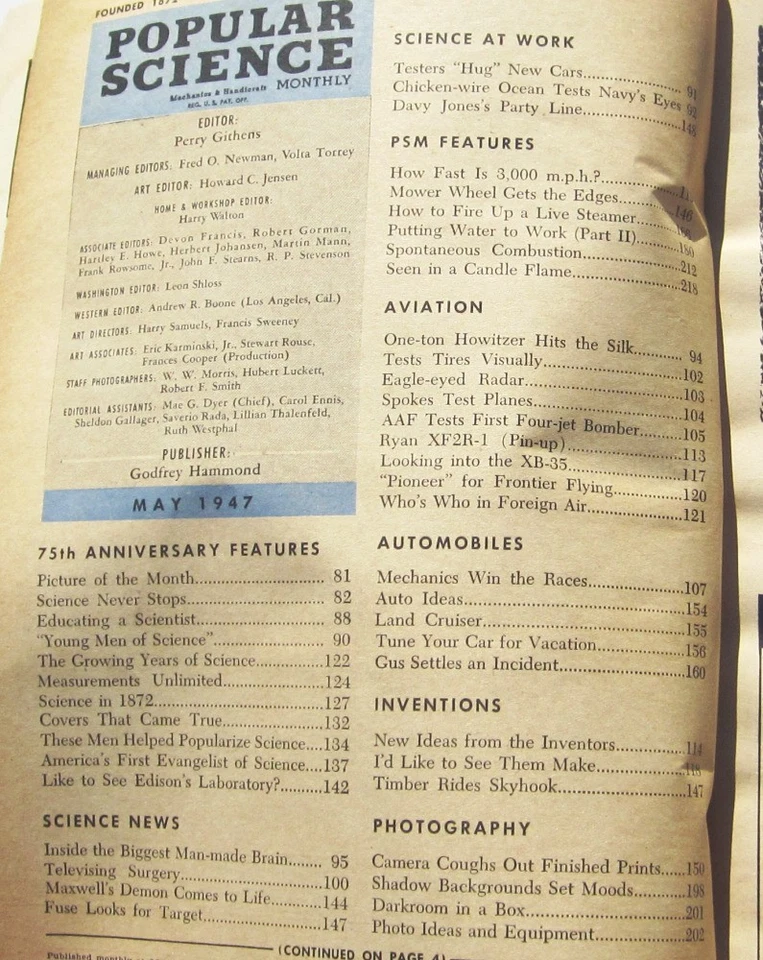 Popular Science May 1947 Magazine Good Grade Vintage 1940s 75th Anniversary  - Image 2 of 3