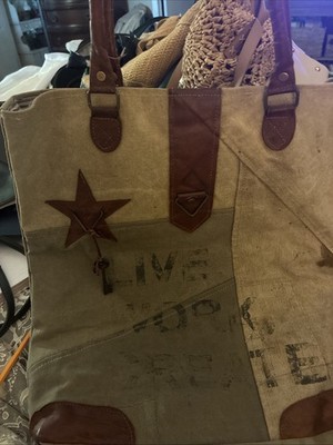 Mona B Brown Tote Bag USA Stamped Canvas Medium shopping Shoulder Handbag Purse