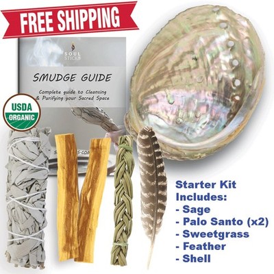 White Sage Smudge Kit  Sage, Palo Santo, Shell, Feather & Guide