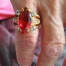 Gold Tone Cocktail Ring Size 5 with Red Marqu...