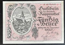 50 Heller Ruppersthal 1920 emergency money voucher Austria #16.02.a4