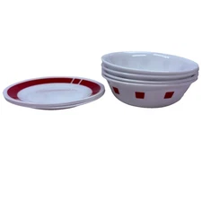 Corelle Urban Red 7pc Set 4 Bowls 3 Plates Discontinued Red Squares Made in USA