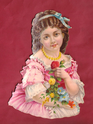 Very Rare Chromo Decoupis.   Beautiful baby girl with a bouquet of flowers.
