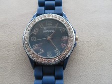 Ladies Geneva Clear Rhinestone Bezel Navy Blue Face Silicone Band New Battery