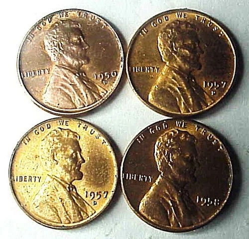 4 circ. wheat pennies-1950-D, (2)1957-D-1958-P-very nice coins-AU