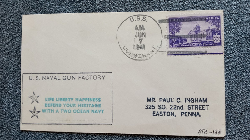 USS CORMORANT 1941 U S.Naval GUN Factory cover aas 19467