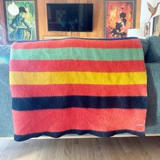 Red Orange Wool Blanket With Stripes 66 x 76 Twin Camp Lodge Cabincore Vintage