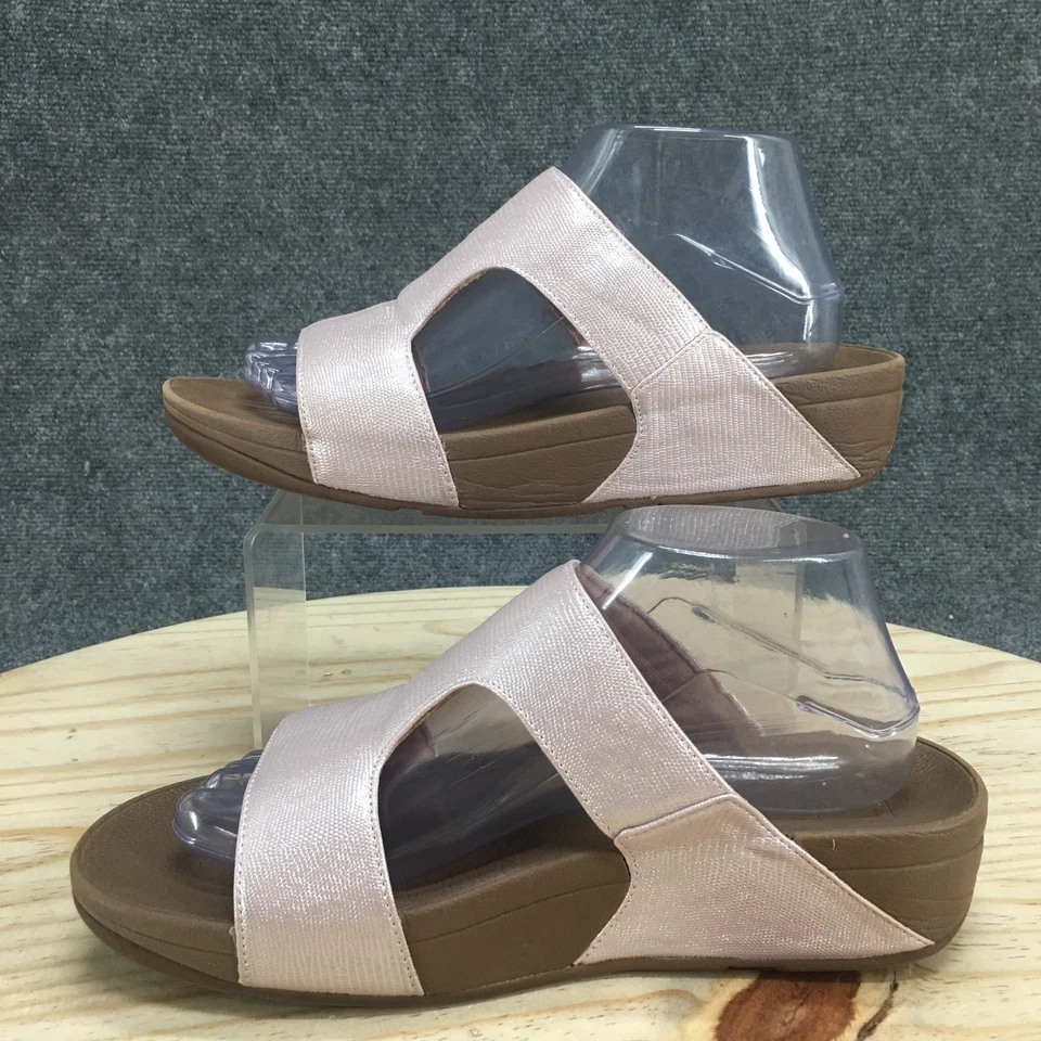 Fitflop Sandals Women 9 H-Bar Shimmer Lizard Slide Rose Gold Slip On Wedge Heels - Image 2 of 4