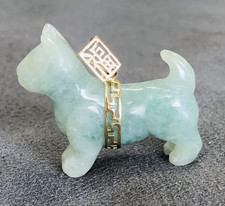 Cute! Lucky Carved Jade Cat Pendant 14k Gold Greek Key Style Collar 30mm 1.25"
