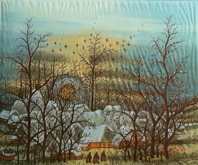 Vintage Ivan Lackovic Croata WINTER framed Croatian Naive Folk Art Print