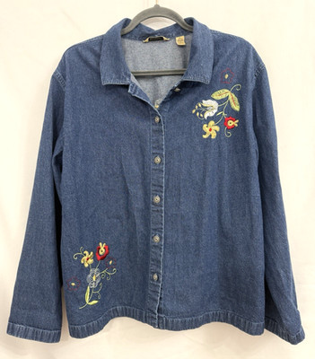 Bechamel Denim Floral Embroidered Jacket Top Cottagecore Womens Size L