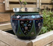 Antique Japanese Cloisonn&eacute; Floral Pot with Gold Flakes & Silver Rim
