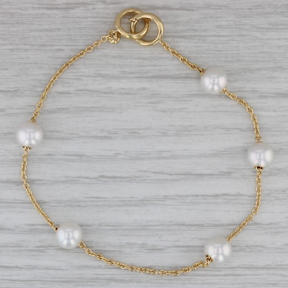 Mikimoto Cultured Pearl Station Bracelet w/ Pouch 18k Yellow Gold 8" Cable Chain - Image 2 of 4