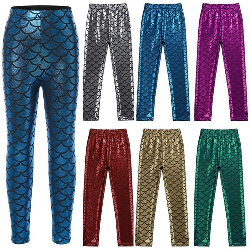 Ladies & Girls Kids Size Metallic Mermaid Disco Leggings Shiny Fish Tail Scales - Picture 2 of 9