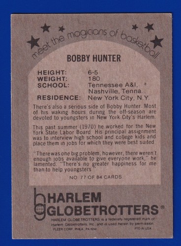 BOBBY HUNTER 1971-72 FLEER GLOBETROTTERS #77 VG-EX+ NO CREASES - Picture 2 of 2
