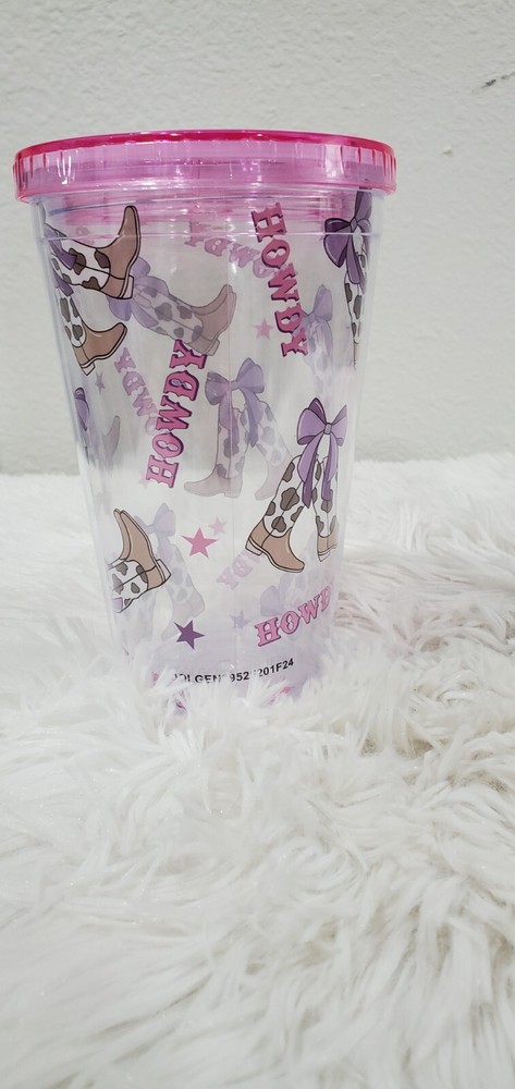 Howdy Pink Hat Boots & Bows 15oz Travel Tumbler Sipper Cup  