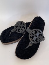 Tory Burch Birch Miller Cloud Shearling Sandals Black Mules Slides Size 6M 245