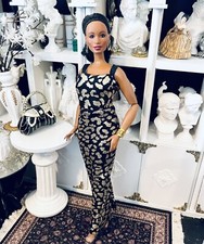 OOAK Curvy Fashion Doll Size Seamstress Made Black N Gold Evening Gown Ensemble 