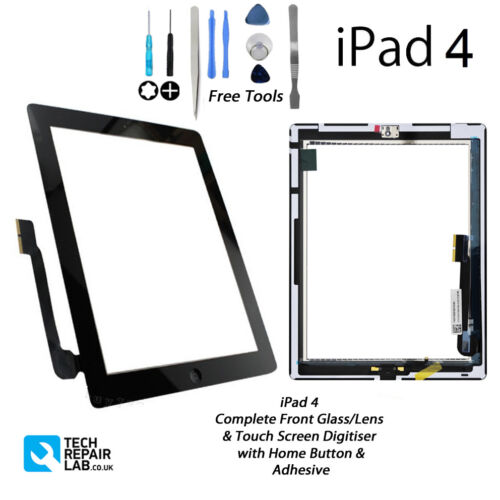 NEW iPad 4 Complete Front Glass Digitiser Touch Screen Assembly with Tools BLACK - Afbeelding 1 van 6