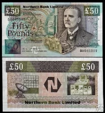 NORTHERN IRELAND 50 POUND P-196 1990 TEA DRYER UNC SATELLITE COMPUTER MONEY NOTE