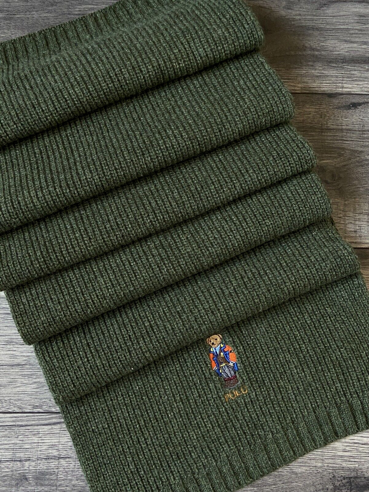 POLO RALPH LAUREN POLO BEAR RIB KNIT WOOL BLEND SCARF OLIVE GREEN BNWT