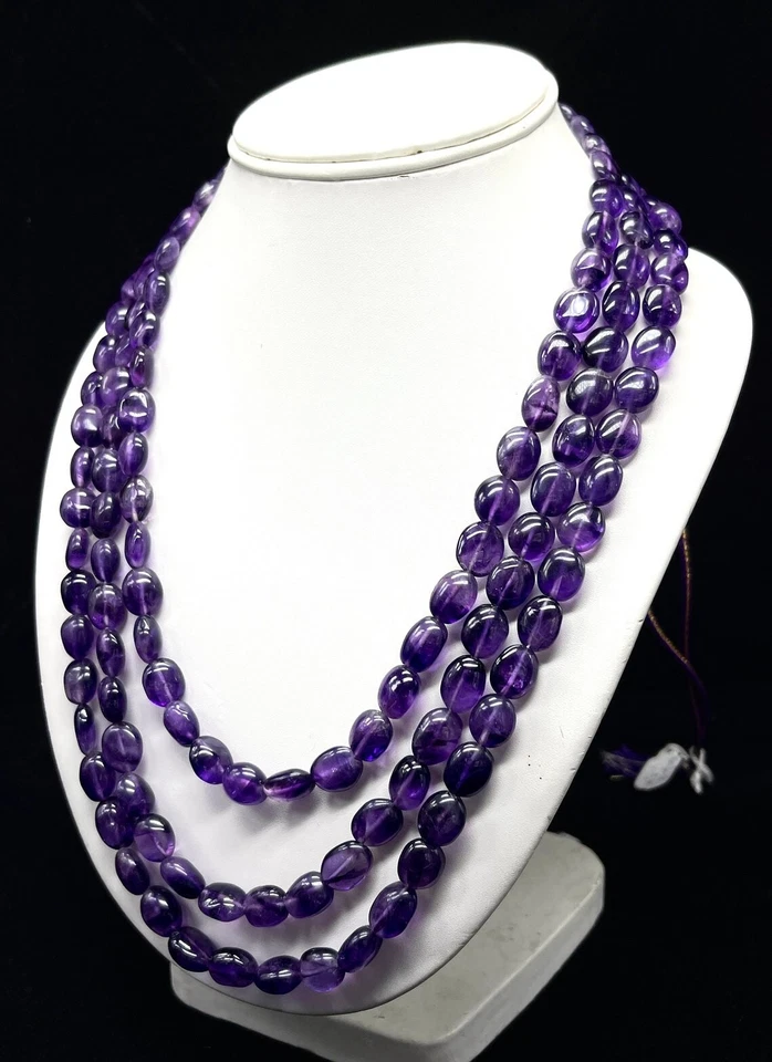 A+++ 自然紫水晶三层光滑椭圆形宝石珠项链 18 英寸 — 第 4/4 张图片