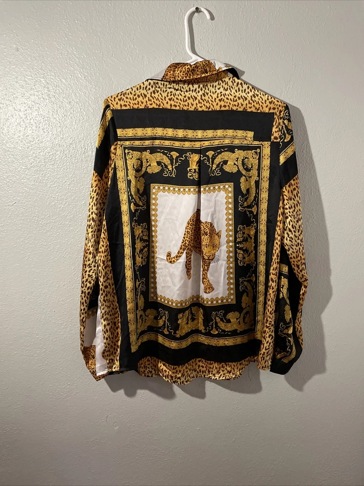 Blusa Top Guepardo S Botón Estampado Animal Dorado Negro Cuello Satinado Mob Esposa BooHoo