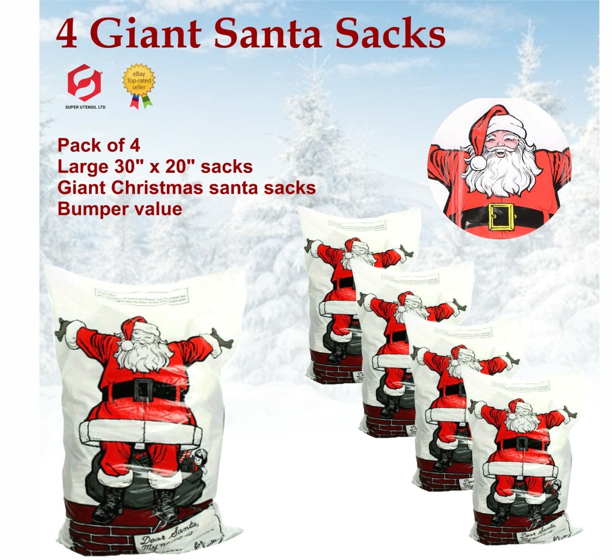 4 x Giant Santa Sacks Stocking Jumbo Christmas Large Xmas 4 x Giant Santa Sacks Stocking Jumbo Christmas Large Xmas