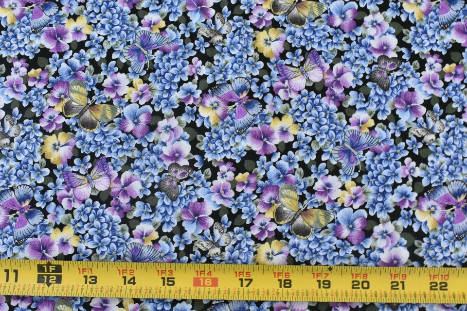 Por 1/2 yarda, vintage, amarillo púrpura azul floral algodón, Spectrix, tía Nan, P7249 Foto 2 de 4