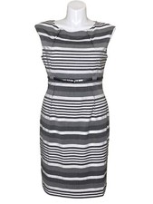 Calvin Klein Striped Belted Sheath Dress Gray White Empire Waist Women's Size 14