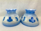 2 Vintage Hurricane Lamp Shade Milk Glass Blue Floral Hand Painted 8" Fitter A