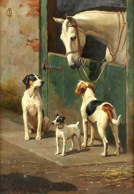 Old Master Art Antique Oil Painting animal Portrait horse dog on canvas 24