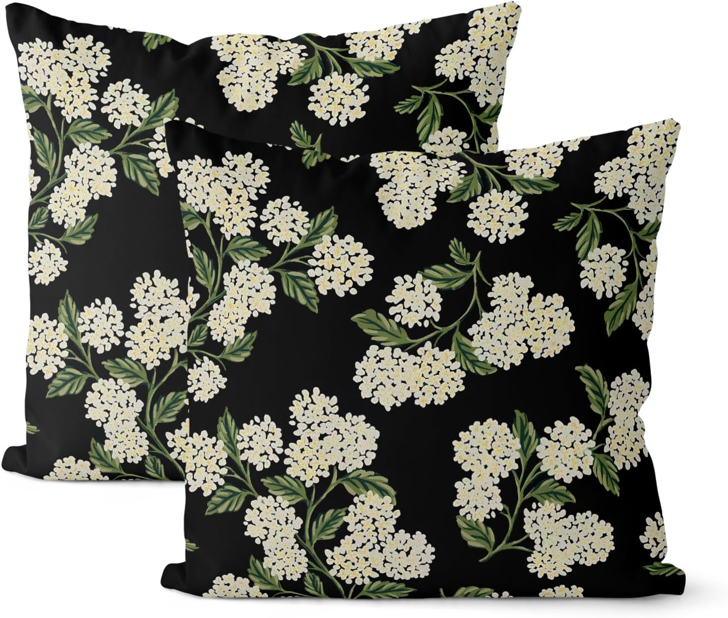 Black Spring 18x18 Pillow Cover Set with Green Hydrangea Floral Design