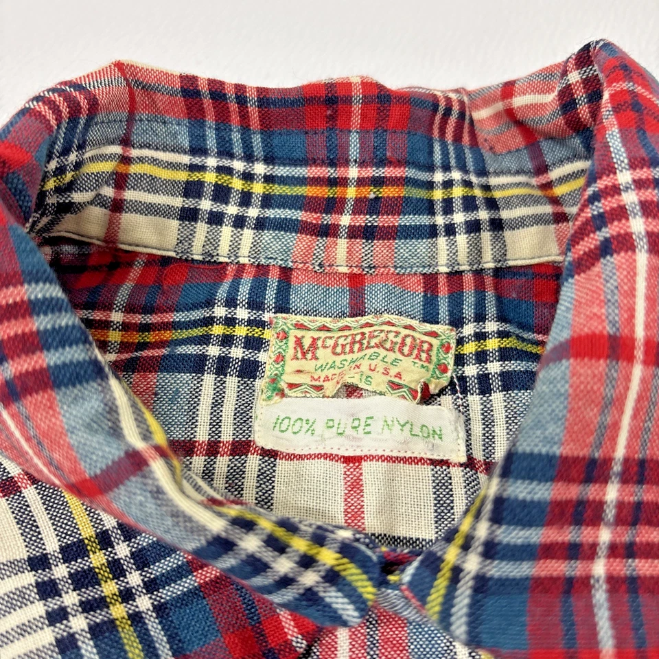 Vintage McGregor 1950s Plaid Flannel Shirt M/L Nylon Loop Collar 16 Neck Tartan - Image 2 of 4