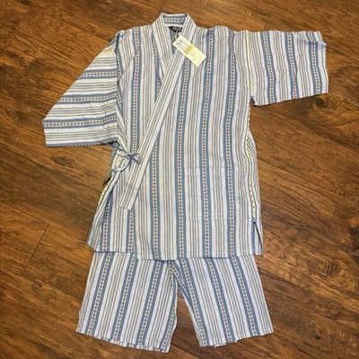 Japanese Jinbei Set Blue Striped Cotton Men s Size M Traditional Sleepwear