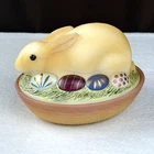 SIGNED! Vtg Fenton Art Glass Painted Easter Bunny Rabbit Egg Nest Candy Dish HTF
