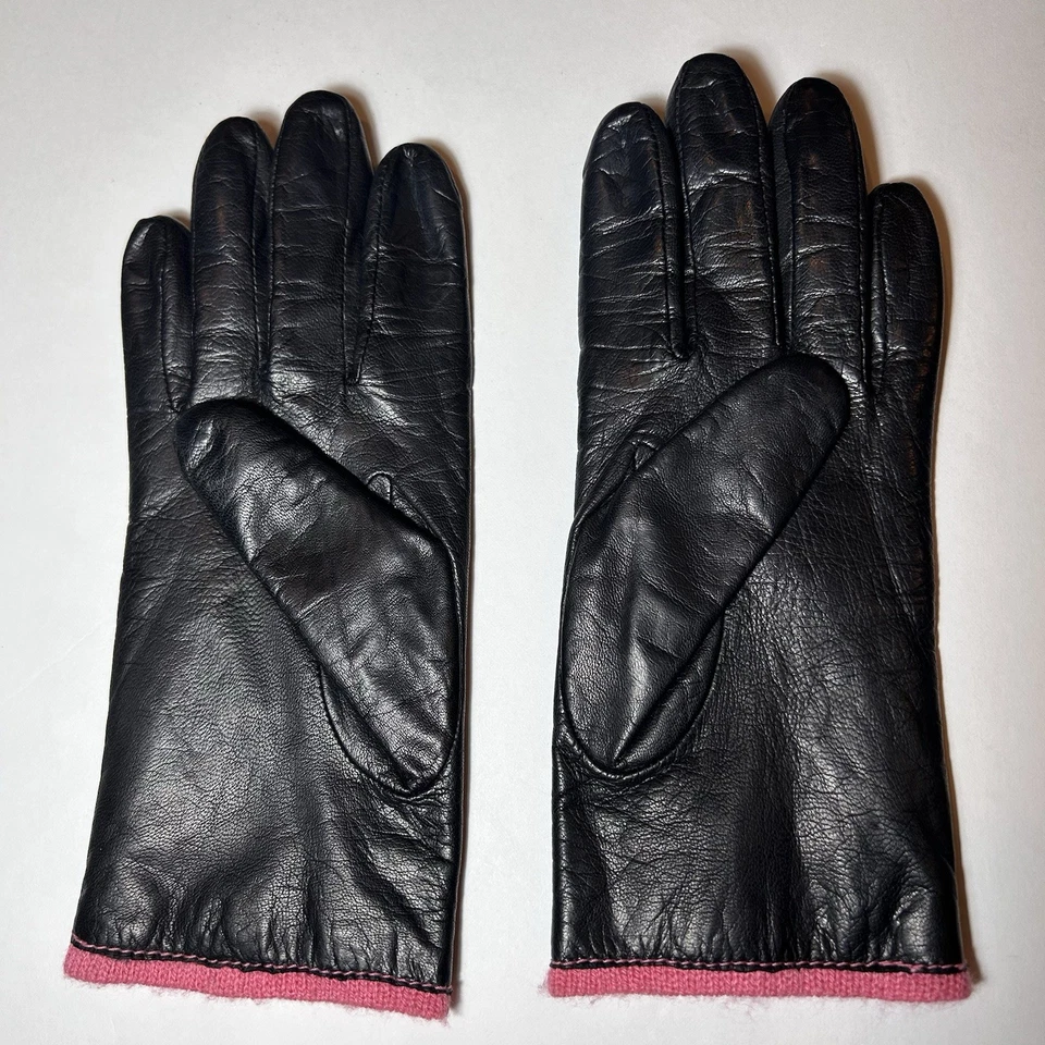 Guantes de cuero negros vintage Fownes forro tejido rosa ribete para mujer talla M/L Foto 3 de 4