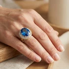 24K Gold 925 Sterling Silver Halo Rings Exquisite Neon Blue Topaz 18.80Ct Size 9