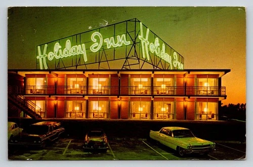 Vintage 1969 Holiday Inn Durham NC Neon Sign Mid-Century Modern Cars Postcard