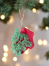 Primitive Christmas 6” Handmade Red Mitten w/ Greens Ornament