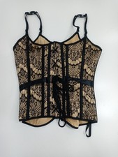 Hearts Roses Corset Coquette Black Gold Lace Bustier Top Size M